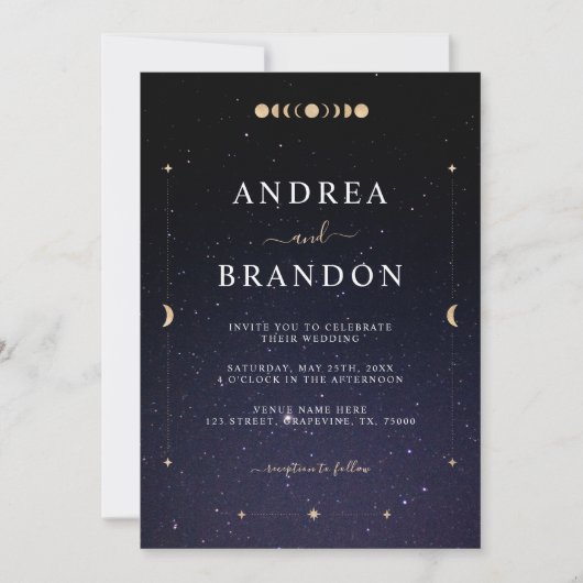 Invitation Lune Universe Céleste Or en un seul Mariage (Devant)