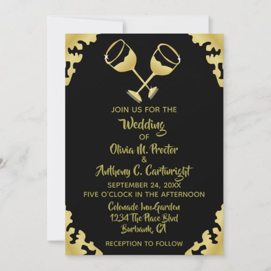 Invitation Lunettes de Champagne d'or Mariage noir et or Invi (Devant)
