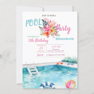 Invitation Lunettes de piscine Fleurs Fête d'anniversaire