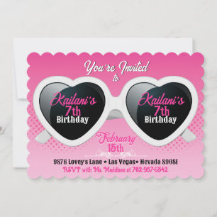 Invitation Lunettes de soleil au coeur blanc rose Anniversair