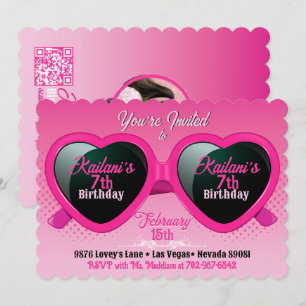 Invitation Lunettes de soleil cœur rose vif pour photo d'anni