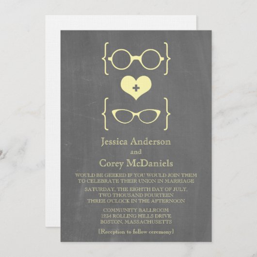 Invitation Lunettes Geeky Jaune Chalkboard Mariage Inviter (Devant / Derrière)