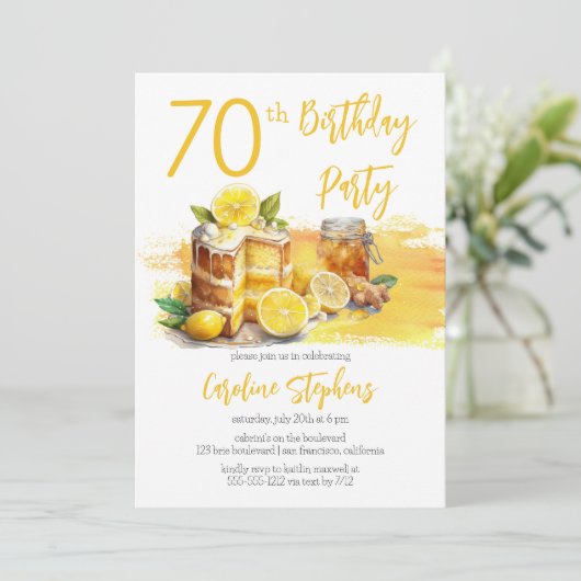 Invitation Luscious Lemon Cake Ginger Tea 70e anniversaire fê (Debout devant)