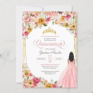 Invitation Lush Blush Rose Jaune Floral & Gown Quinceanera