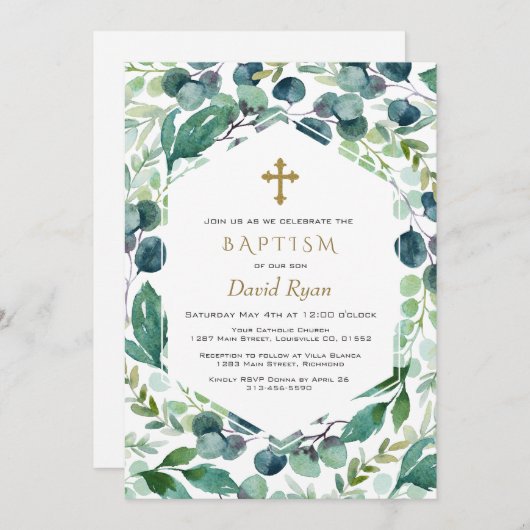 Invitation Lush Eucalyptus Frame Gold Cross Boy Baptême garço (Devant / Derrière)