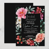 Invitation Lush Floral Bordée moderne Fête des mariées noire (Devant / Derrière)