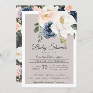 Invitation Lush Magnolia Rose Grey Navy & Blush Baby shower