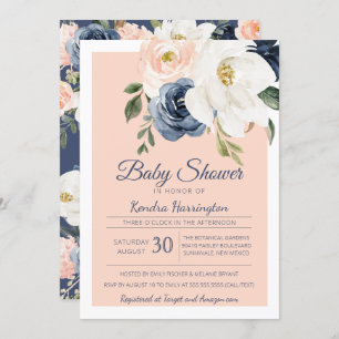 Invitation Lush Magnolia Rose Marine Baby shower bleu rose