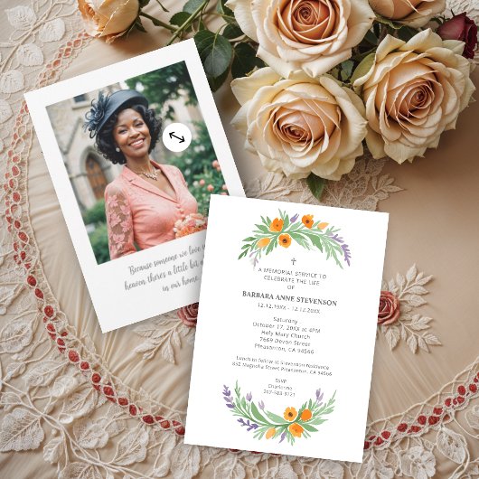 Invitation Lush Minimalist Floral Oval Effect Photo Funeral 