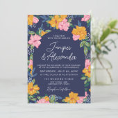 Invitation Lush Pink Yellow Flowers Dark Blue Wedding (Debout devant)