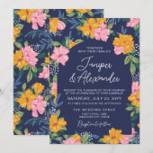Invitation Lush Pink Yellow Flowers Dark Blue Wedding (Devant / Derrière)