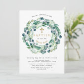 Invitation Lush verdure feuillage d'eucalyptus croix baptême (Debout devant)