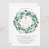 Invitation Lush verdure feuillage d'eucalyptus croix baptême (Devant / Derrière)