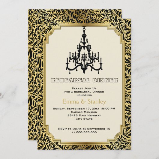 Invitation Lustre Art déco mariage de répétition or dîner (Devant / Derrière)