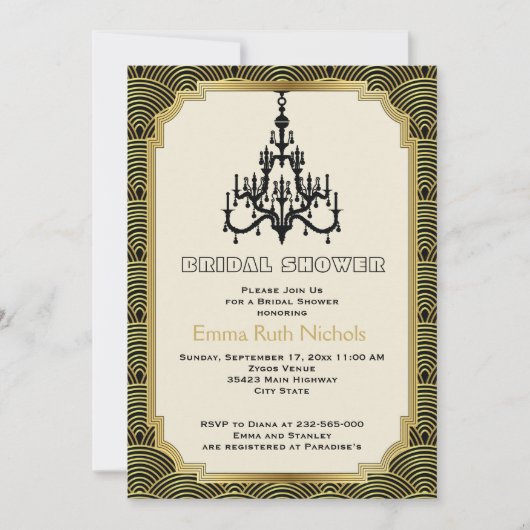 Invitation Lustre Art déco or mariage douche nuptiale (Devant)