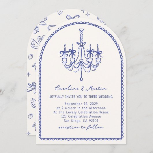 Invitation Lustre blanc, main bleu arc dessinée (Devant / Derrière)