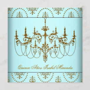 Invitation Lustre bleu turquoise Quinceanera d'or