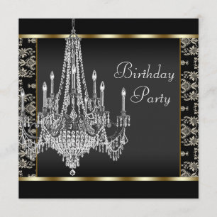 Invitation Lustre de cristal, damas noir, fête d'anniversaire