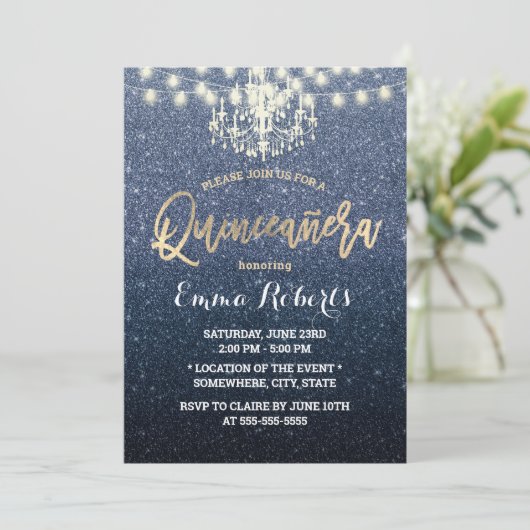 Invitation Lustre de Parties scintillant bleu Quinceanera Mod (Debout devant)