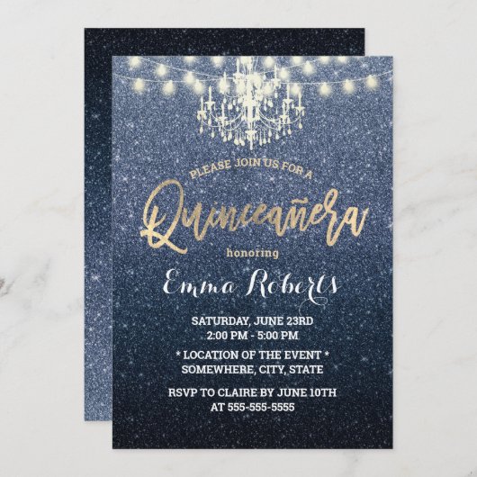 Invitation Lustre de Parties scintillant bleu Quinceanera Mod (Devant / Derrière)