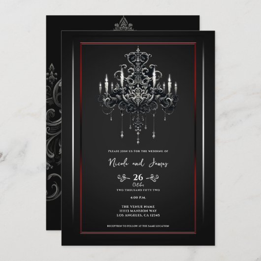 Invitation Lustre Éffrayant noir gris Mariage gothique (Devant / Derrière)