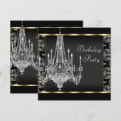 Invitation Lustre en Cristal Fête d'Anniversaire Damassé Noir (Devant / Derrière)