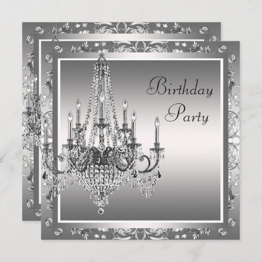 Invitation Lustre en Damas noir argenté pour fête d'anniversa (Devant / Derrière)