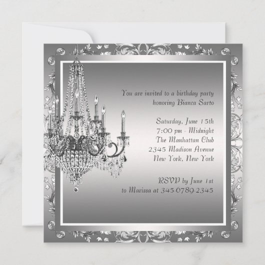Invitation Lustre en Damas noir argenté pour fête d'anniversa (Dos)