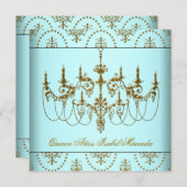 Invitation Lustre en or bleu turquoise Quinceanera (Devant / Derrière)