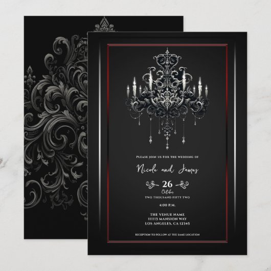 Invitation Lustre Épouvantable Gris Noir Rouge Mariage Gothiq (Devant / Derrière)