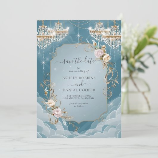Invitation Lustre Étincelant Floral Lavish Enregistrer La Dat (Debout devant)