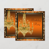 Invitation Lustre Orange Black Gold Damask Anniversaire (Devant / Derrière)