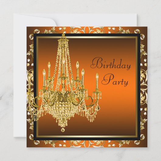 Invitation Lustre Orange Black Gold Damask Anniversaire (Devant)