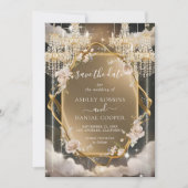 Invitation Lustre Orné Floral Or Enregistrer La Date (Devant)