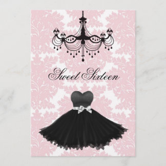 Invitation Lustre rose noir Damas Sweet sixteen Birthda