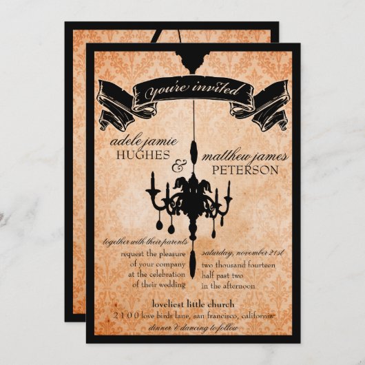 Invitation Lustre victorien ・ Mariage noir et orange pâle (Devant / Derrière)