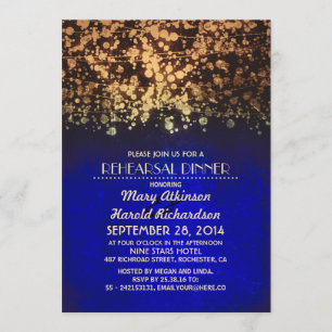 Invitation lustres à cordes dîner de répétition bleu et or