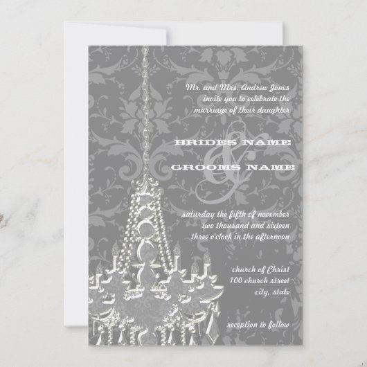 Invitation Lustres en argent et gris Mariage damassé Invitati (Devant)