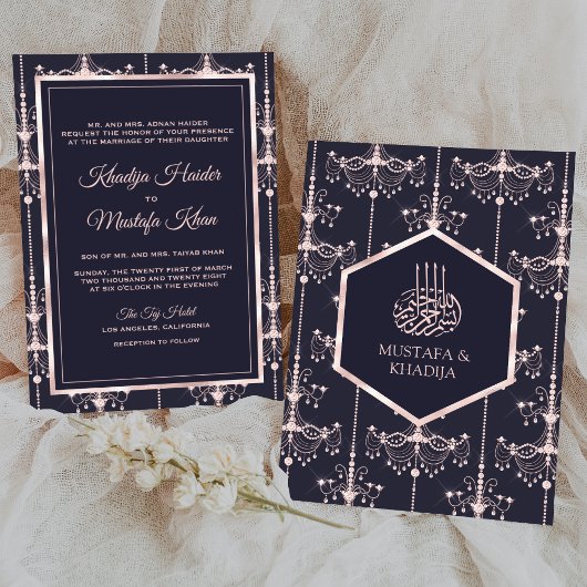 Invitation Lustres rose bleu foncé Mariage musulman