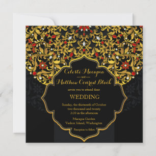 Invitation Lux Bijoux or rouge Floral Mariage indien