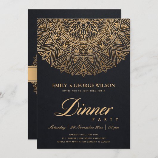 INVITATION LUX BLACK OR CLASSIQUE ORNATE MANDALA DÎNER PARTIE (Devant / Derrière)