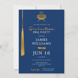 Invitation Lux Gold Foil Tassel Graduation BBQ Party Blue