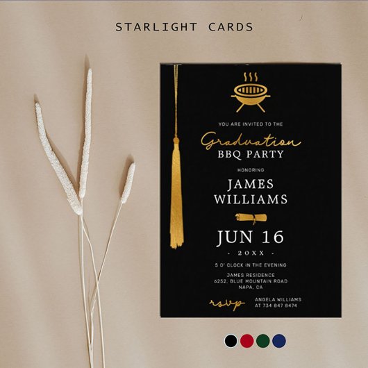 Invitation Lux Gold Foil Tassel Graduation BBQ Party Noir
