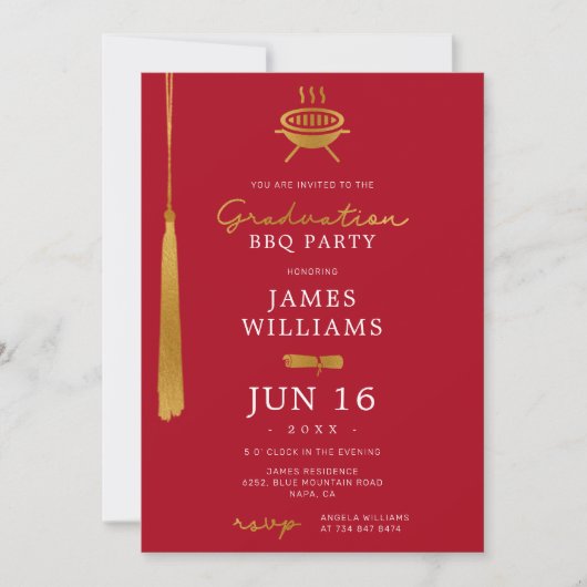Invitation Lux Gold Foil Tassel Graduation BBQ Party Rouge (Devant)