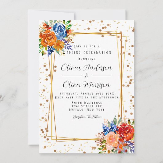 Invitation Lux Parties scintillant Bleu Orange Aquarelle Mari (Devant)
