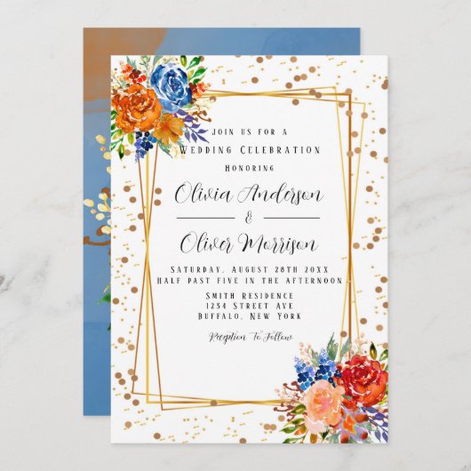 Invitation Lux Parties scintillant Bleu Orange Aquarelle Mari (Devant / Derrière)