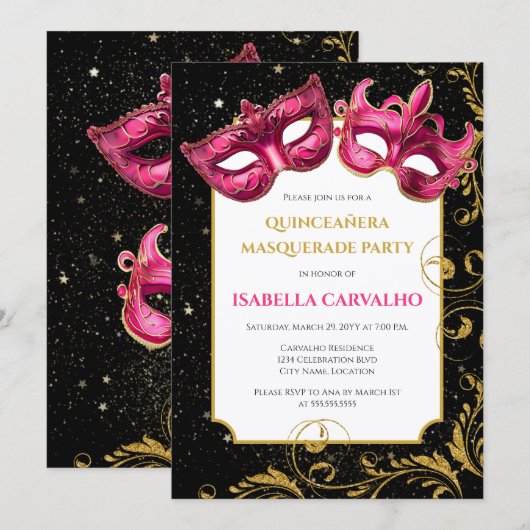 Invitation Lux Quinceañera Fête Masquée (Devant / Derrière)