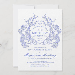 Invitation LUXE 21e anniversaire Vintage Blue Floral Crest