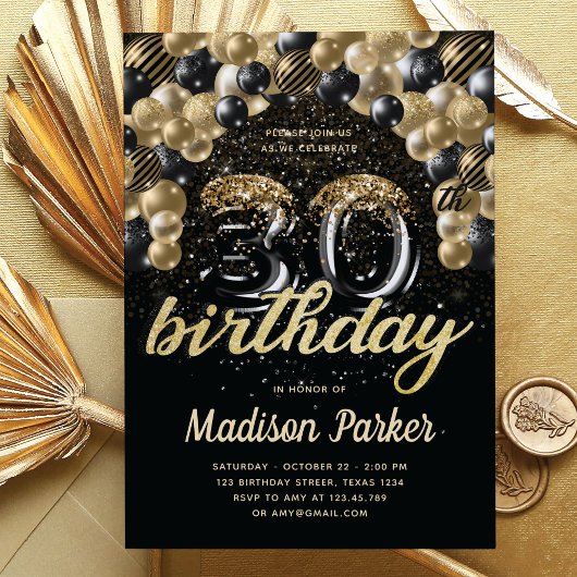 Invitation Luxe 30e anniversaire Black Gold Balloon Parties s