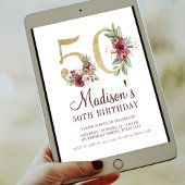 Invitation Luxe 50e anniversaire Bourgogne or Floral